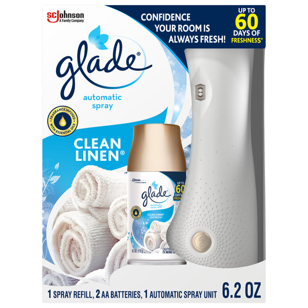 Automatic Spray 1 Warmer + 1 CT Refill Starter Kit, Clean Linen, 6.2 OZ. Total, Air Freshener Infused
