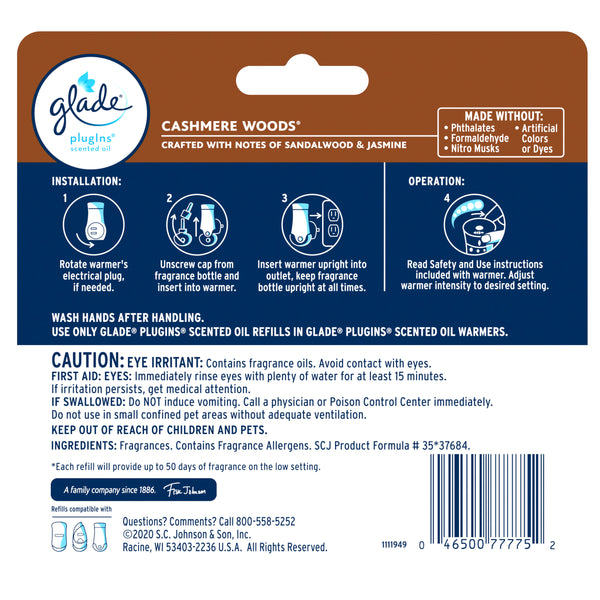 PlugIns Refill 5 CT, Cashmere Woods, 3.35 FL. OZ. Total, Scented Oil Air Freshener Infused