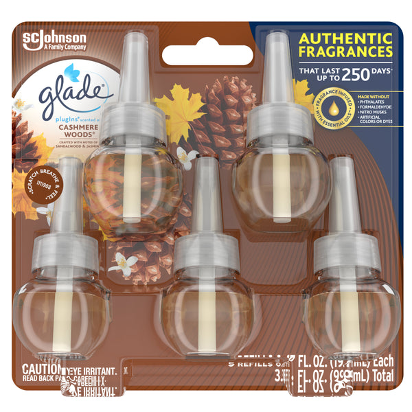 PlugIns Refill 5 CT, Cashmere Woods, 3.35 FL. OZ. Total, Scented Oil Air Freshener Infused