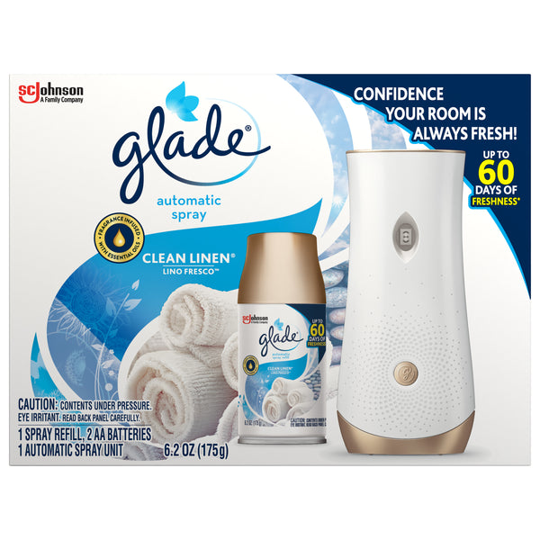 Automatic Spray 1 Warmer + 1 CT Refill Starter Kit, Clean Linen, 6.2 OZ. Total, Air Freshener Infused
